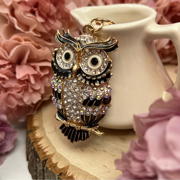 Beautiful Black and Silver Crystal Owl Keychain Charm - Picture 5 of 14